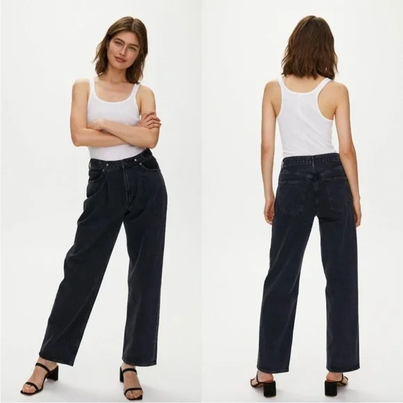 Agolde Baggy W/Tab Mid-Rise Pleated Oversized Jeans Cave Faded Black Size  25 NWT